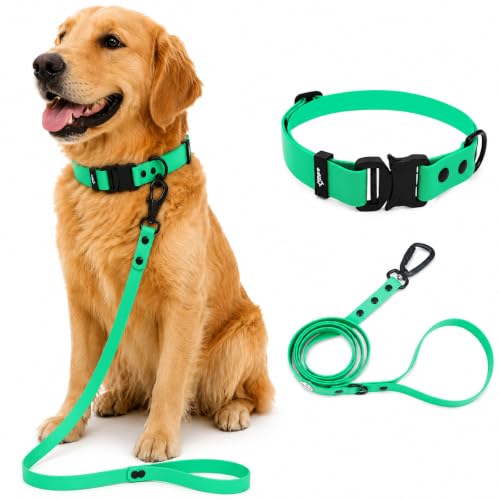 Image of Adil'S Waterproof Leash and Collar Combo Set - Adjustable & Breathable Biothane Collar with Leash Suitable for Medium & Large Size Dogs (Lease 5Ft), Forest Green, L