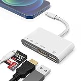 【Adaptador multifuncional 5 en 1】 Este adaptador tiene 5 puertos que pueden satisfacer la mayoría de las necesidades del usuario (ranura para tarjetas SD y TF, puerto HDMI, puerto de carga Lightning, toma USB 2.0 OTG). Puede ser una fuente de alimentación conectada a PD mientras lee la tarjeta. No hay necesidad de preocuparse por el corte de energía mientras transfiere fotos o videos.