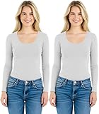 Emmalise playera de manga larga con cuello redondo y licra de algodón básico para mujer - - Medium