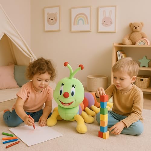 Image of Super Soft Colorful Caterpillar Stuffed Toy Long Plush Animal with Rainbow Body Segments Cute Cartoon Face Bright Antennae & Multiple Legs Perfect for Children, Toddlers Learning Play(9cm)