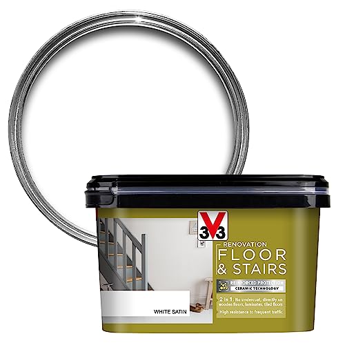 V33 Renovation Floor & Stairs Paint - No Undercoat Needed - Wooden Floors Laminates & Tiled Floors - Reinforced Protection - Easy Maintenance - White Satin 2 Litres