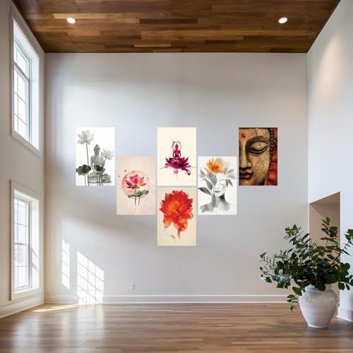 Image of SiddArtify Serene Buddha - Lotus Flower Art Print Set - 300GSM Board - 12x18 Inch - Pack of 6 Wall Room Decoration art Poster Prints