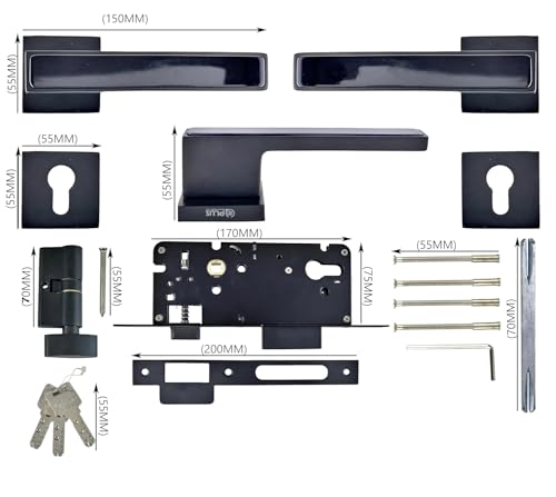 Image of G Plus Modern Door Handle Set with Square Keyhole Cover Plate,Mortise Lock with Ultra Brass 3 Keys & Brass pin Cylinder-60MM,One Side Knob & one Side Keys,(OSK) (Z Black Glossy, 60MM)