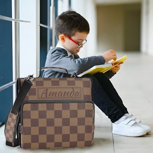 Image of Custom 3 Ring Zipper Binder Brown Checkerboard B Personalized Name 1.5 inch Binders Large Capacity Multi Pockets for School Office Supplies