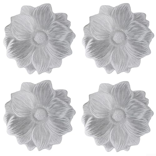 4 manteles individuales elegantes, diseño de flores resistentes al calor para decoración funcional (plata)