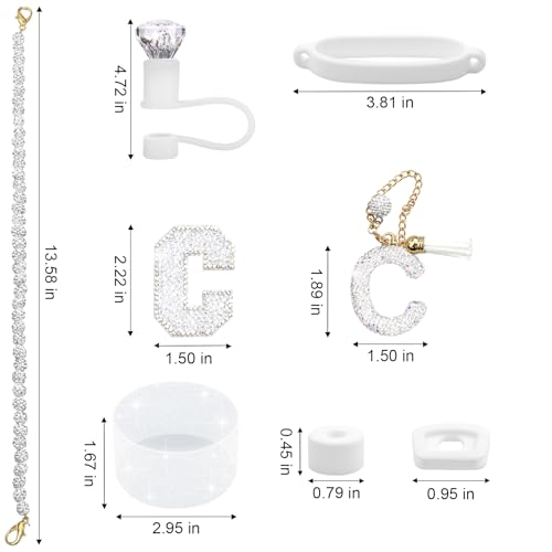 Hpebl 8PCS White for Stanley Cup Accessories 30/40 OZ Silver Bling Rhinestones Initials Charms for Stanley Decorations Tumbler Accessories Set Including Diamond Straw Topper,Spill Stopper(Letter R) - image 3