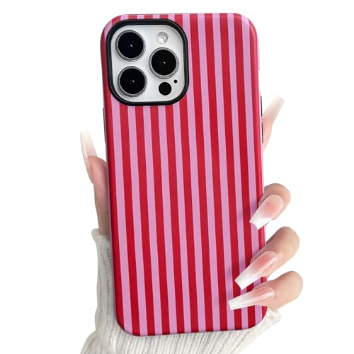 NITITOP Compatible with iPhone 15 Pro Max Case Matte Cute Vertical Stripes for Women Girls Men Boy Striped Pattern Hybrid 2 Layers Back Shockproof Protective Cover - Rose Red