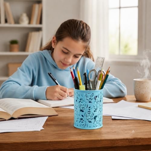 Image of Metal Mesh Pen Stand for Office & Home Desk | Black Stationery Holder Organizer for Pens, Pencils, Markers, Makeup Brushes | Durable Round Wire Mesh Pen Stand (Pack of 1) (Floral Sky Blue)