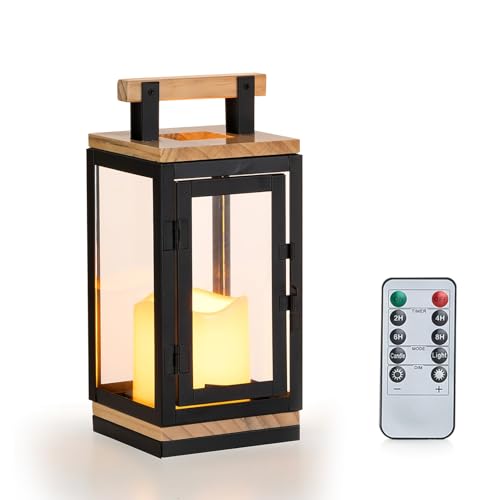 NUPTIO Linternas Madera Vela de Interior: LED Pilar de Vela Decorativa Linterna Colgante Sala Estar Al Aire Libre 23,5 cm Altura Navidad Candelabros Metal Chimenea Temporizador Control Remoto