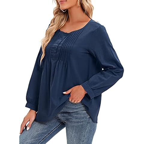 Versear Women Button Up Blouse O-Neck Long Sleeve Solid Blouse Casual Loose Pleated Tee Shirt Tops Blue Cover
