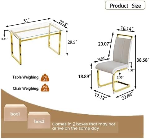 Miniatura 3 de Juego de mesa de comedor de cristal para 4, mesa de comedor rectangular moderna para 4, juego de mesa y sillas de cocina doradas de 51 pulgadas,