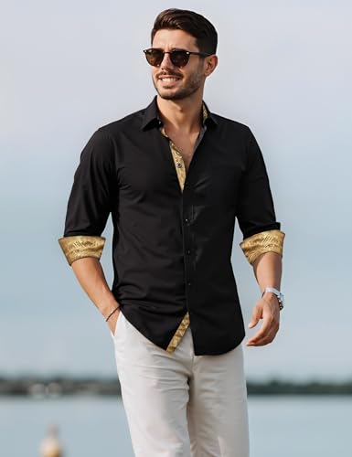 Barry.Wang White Orange Dress Shirt for Men Button Down Long Sleeve Checkered Cowboy Casual Shirts Button Up Western Formal2