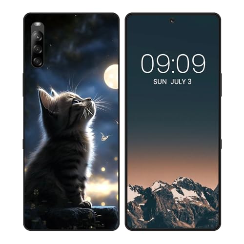 WUACYEAMING Funda Bonita para Sony Xperia L4,Carcasa con Aesthetic Lindo Dibujos,Ultrafina Suave TPU Antigolpes Case Divertidas Diseño Negro-Luna y Gato