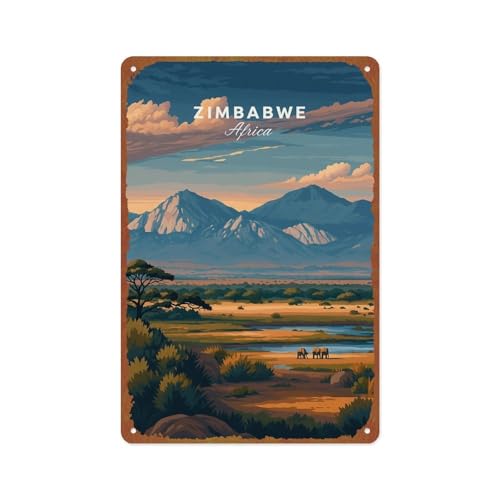 SXUZUSF Zimbabwe Safari Art African Wildlife Savanna Animal Poster Landscape Metal Tin Sign For Home, Bedroom, Office, Bathroom Wall Decoration With Dimensions Of 12x8 Inches