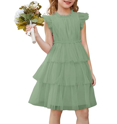 GRACE KARIN Girls Dresses Size 6 Spring Party Formal Princess Dress Ruffle Sleeve Tiered Dress Grass Green