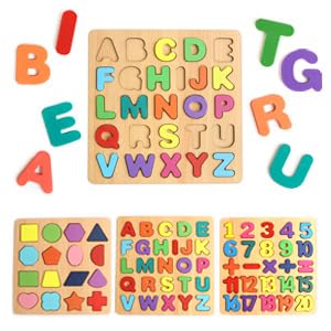 Image of Khasala Brothers Wooden ABCD Alphabet Number Shape Explorative Puzzles Toddler Learning Puzzles,Educational Activity Boards Toys for Child Boys and Girls (3 Pack Set)