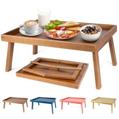 Image of Large Bed Table Tray with Support Bar and Foldable Legs, Bamboo Breakfast Food Trays Table for Bed Sofa Eating and Laptops, TV Lap Tray Table on Couch (Applied for Invention Patent)