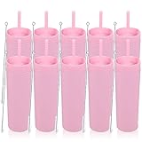 Volhoply 16oz Plastic Skinny Tumbler With Lid and Straw Bulk 10 Pack,Insulated Double Wall BPA Free Matte Acrylic Tumblers,Iced Coffee Travel Mug Reusable Party Cup,Customizable Diy Gifts(Pink,10 Set)