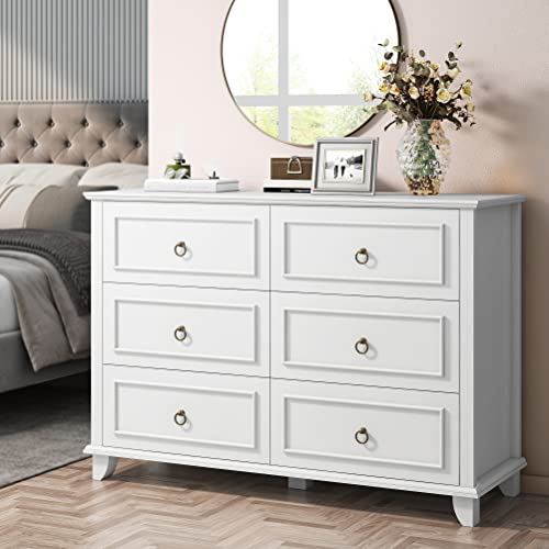 Hostack 6 Drawer Double Dresser For Bedroom, Modern Farmhouse Chest Of Drawers, Wood Storage Dresser Cabinet For Closet, Living Room, Entryway And Hallway, White #TOP3