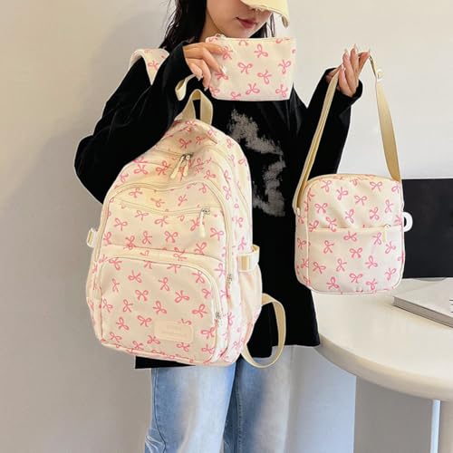 3 Pcs Set Coquette Bow Backpack, Cute Kawaii Backpacks Large Capacity, Aesthetic Nylon Backpack with Lunch Box (White pink)2