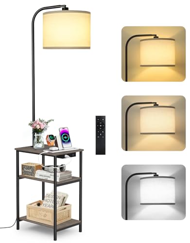 OUTONLIFE Lampada da Terra con Tavolino e Mensola, Dimmerabile LED con Telecomando, 3 Temperature Colore, Tavolino con Stazione di ricarica, Comodino in Legno per Soggiorno, Camera da Letto, Ufficio