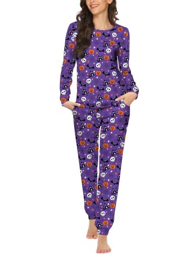 Ekouaer Womens Jogger Pajama Sets Long Sleeve Pjs Purple Halloween Print XS