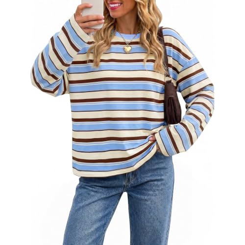 Oversized Sweatshirt for Women Striped Crewneck Sweatshirt Color Block Top