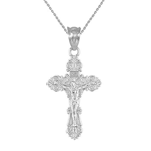 Religious Jewelry .925 Sterling Silver Floral INRI Crucifix Pendant Necklace - Choice of Length - Main Image