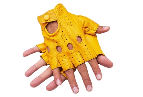 Men&rsquo;s Leather Half Finger Driving Gloves with Knuckle Holes, Leather Fingerless Gloves for Driving, Cycling & Biking (Yellow, X-Large)