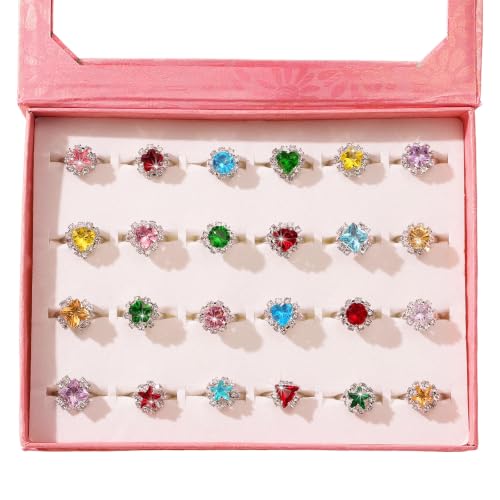 PinkSheep Jewel Rings for Kids 24pc Adjustable No duplication Girl Pretend Play and Dress Up Rings