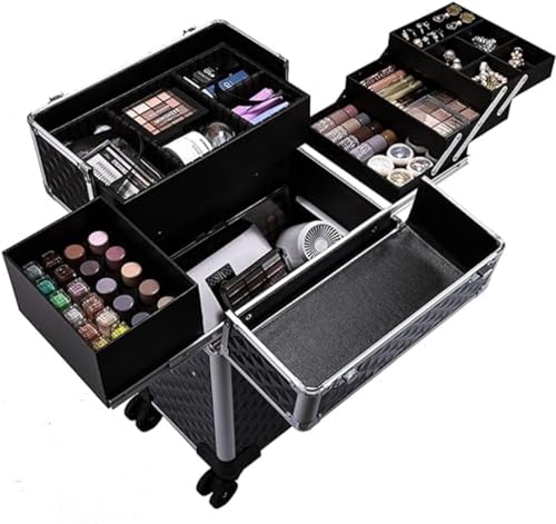 Rolling Cosmetic Case: Large Storage Trolley, 4 Trays, Removable Middle Layer, Black2