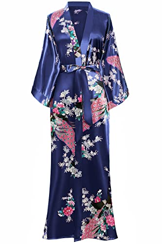 BABEYOND Robe Longue Satin Femme Robe de Chambre Paon Femme Longue Kimono Femme Nuit Chemise de Nuit Longue Satin Soirée Pyjama 53'/135cm (Bleu Foncé)