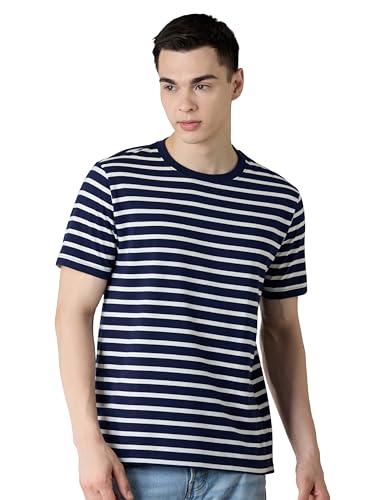 Image of Amazon Brand - Symbol Men Cotton Rich Relaxed Fit Striped Tshirt | Half Sleeves | Available in Plus Size