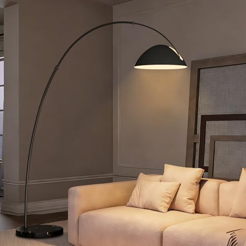 KlkrzJwy Lampada da terra ad arco per soggiorno, lampada da terra regolabile in altezza, lampada da terra in metallo nero lucidato, lampada da lettura alta e moderna con base in marmo