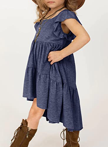 Hosika Toddler Girls Swing Dress Round Neck Solid Color Flutter Sleeve Cute Boho Sundress Ruffle Midi Dress For 8 Years Kids Navy Blue #TOP3