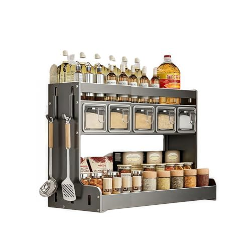 Zvmg 調味料棚 スパイスラック 調味料ラック キッチン 炭素鋼製 防水防錆 壁掛け 卓上両用 包丁立て収納ラック コンパクト収納 二層式大容量 密閉調味料ボックス付き 家庭用 (5グリッドスパイスラック,調味料棚)