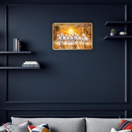Image of Vastu 7 Seven Running Horse Photo Frame, Golden Slim Frame, Sparkle Coated Lamination, 30x45 cm (Design 11)