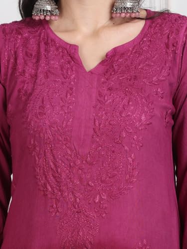 Image of Women's Lucknowi Chikankari Hand-Embroidered Rayon Dyed Kurta, Palazzo & Dupatta 3-Piece Set | Festive, Ethnic & Casual Suit
