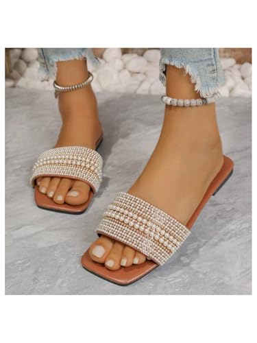 Verdusa Women's Pearl Decor Flat Sandals Slip Open Toe Leather Slippers Slip on Slides3