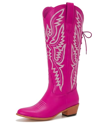 Image of Uillnoodu Wide Calf Cowboy Boots Women Adjustable Lace Up Knee High Tall Plus Size Cowgirl Boots Western Style Comfortable 2-Inch Heel