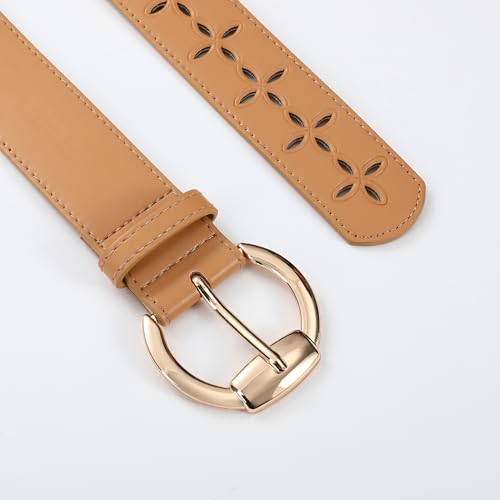Women's Beige Leather Belt with Gold Buckle Hollow Pattern Women's Belt Stylish Accessory for Dresses, Skirts, and Jeans3