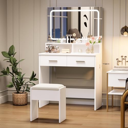 Salutmeuble Tocador grande con taburete de maquillaje acolchado, mesa cosmética moderna con iluminación LED ajustable y enchufes, gran superficie de espejo, 2 cajones, 80 x 40 x 138 cm, blanco
