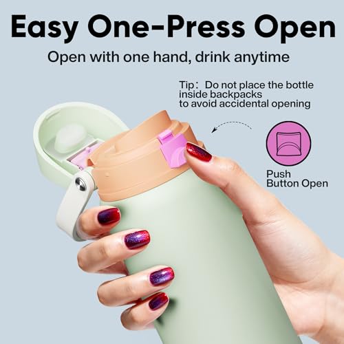 Image of Insulated Water Bottle with Straw - Encool Stainless Steel Water Bottle with Push Button Lid, Leak-Proof & BPA-Free, Keeps Cold for 24 Hours for Sports, Travel, Gym (40 oz, Geyser Green)