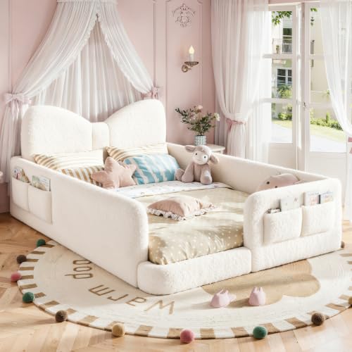 Image of Full Size Kids Bed with Bow-Shaped Headboard, Upholstered Teddy Fabric Twin Daybed with Slats Support & Side Pockets, Space-Saving Wooden Corner Sofa Couch Bed Frame for Girls, Boys, Teenager(Beige)
