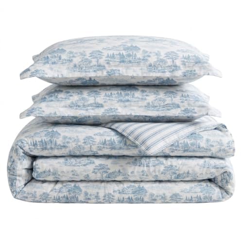 Image of Martha Stewart - Twin Comforter Set, 100% Silky Smooth Cotton Sateen Bedding for Year Round Comfort, 2 Piece Bed Set with Matching Pillowcase (Farmhouse Toile Blue)