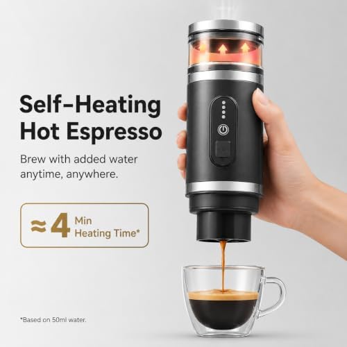 welsteepse Portable Coffee Maker for Ground Coffee & Capsules, Self-Heating Travel Coffee Machine with 20 Bar Pressure and Milk Frother for Car, Office, Hotel, Camping and Business Trips
