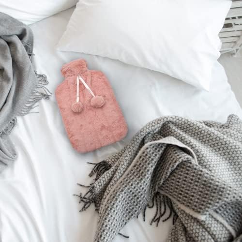 TRIXES Pink Fluffy Hot Water Bottles  Body Warmer & Pain Relief Heat Pad  Perfect Gifts for Men Women & Kids for The Cold Season  Warm Back Neck Feet Hands  Cover with Pom Poms & 2 Litre Bottle