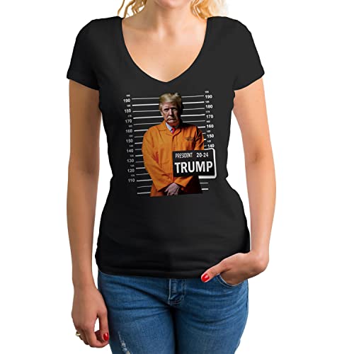 GR8Shop Trump Mugshot in Orange Prison Jumpsuit 2024 Camicia Donna con Scollo a V Nera Size S