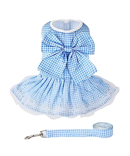 Dog Dress Plaid with Bowknot Cute Dress for Small Dog Cat Puppy Outfits with Harness Leash（ Blue，Small ）