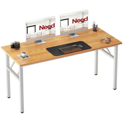 Image of Need Office Computer Desk 54.3 Inch Sturdy Folding Laptop Table Teak | White Frame Writing Gaming Work Table /Foldable Home Office Desk /Sewing Table, No Assembly Required